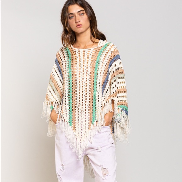 POL CLOTHING Bikini cover up crochet style fringe hoodie stripe cream sweater - Picture 6 of 10